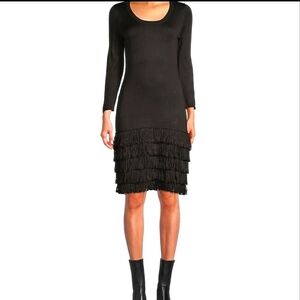 Calvin Klein wool blend black sweater dress looped fringe bottom Small S